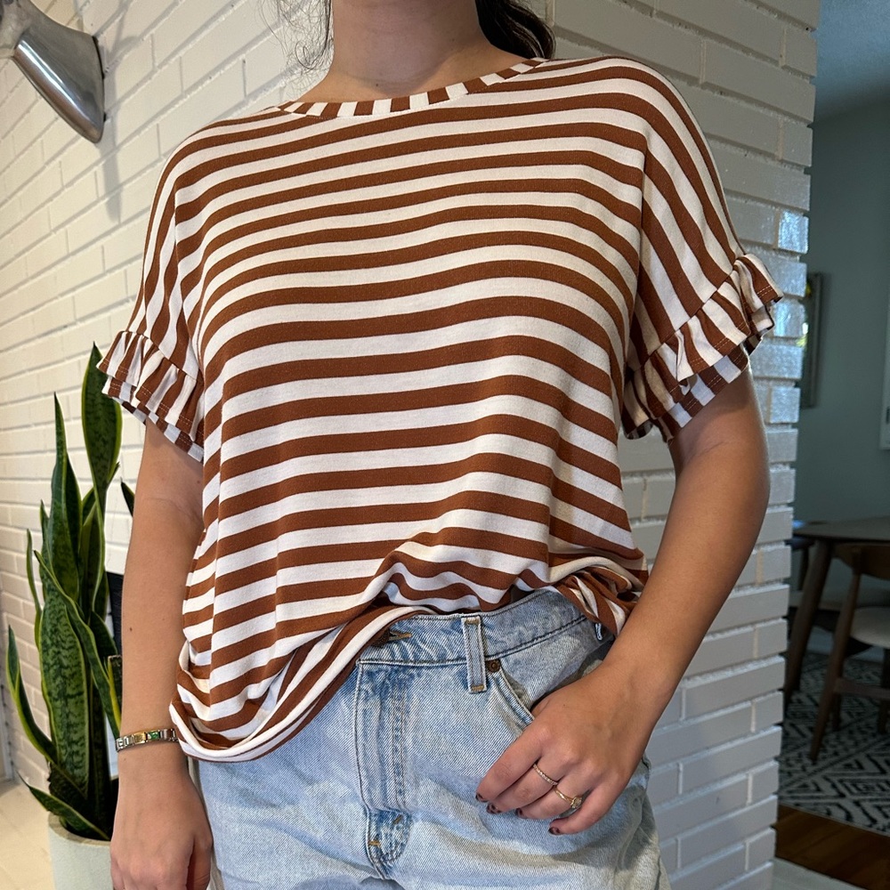 Jane and Delancey Brown and White Striped Ruffle Sleeve Top